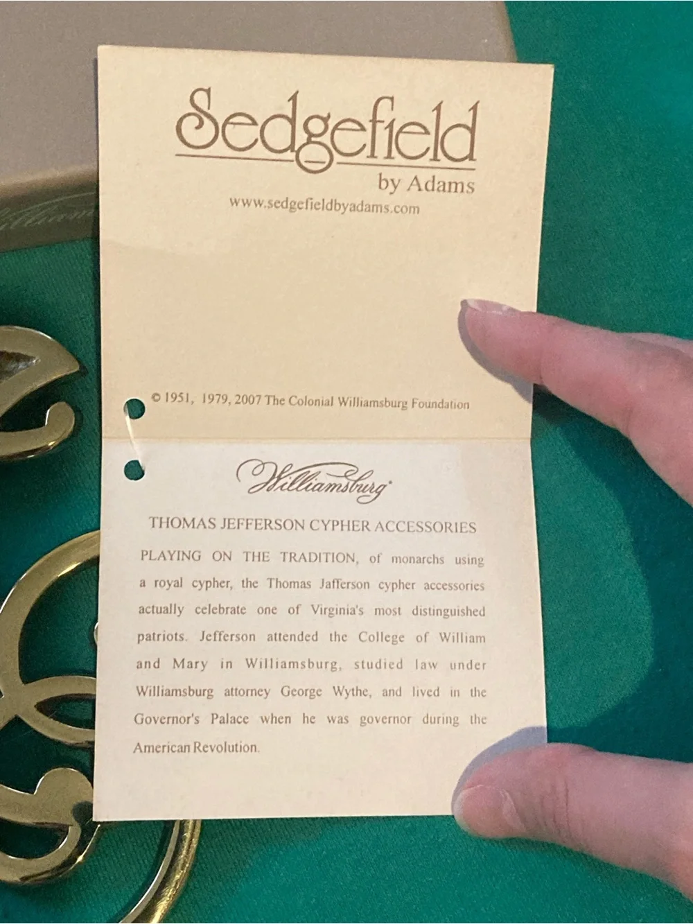Thomas Jefferson Williamsburg Brass Sedgefield Trivet NIB
